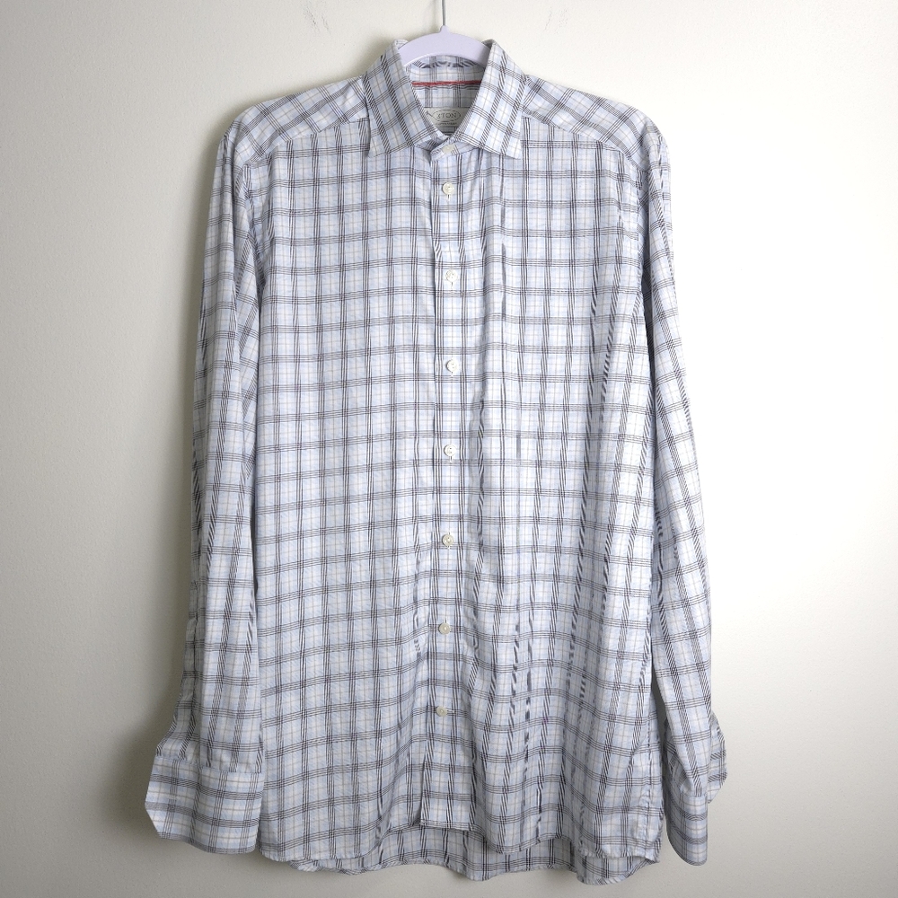 ETON Contemporary Grey Blue Windowpane Dress Shirt 39 / 15.5 / M